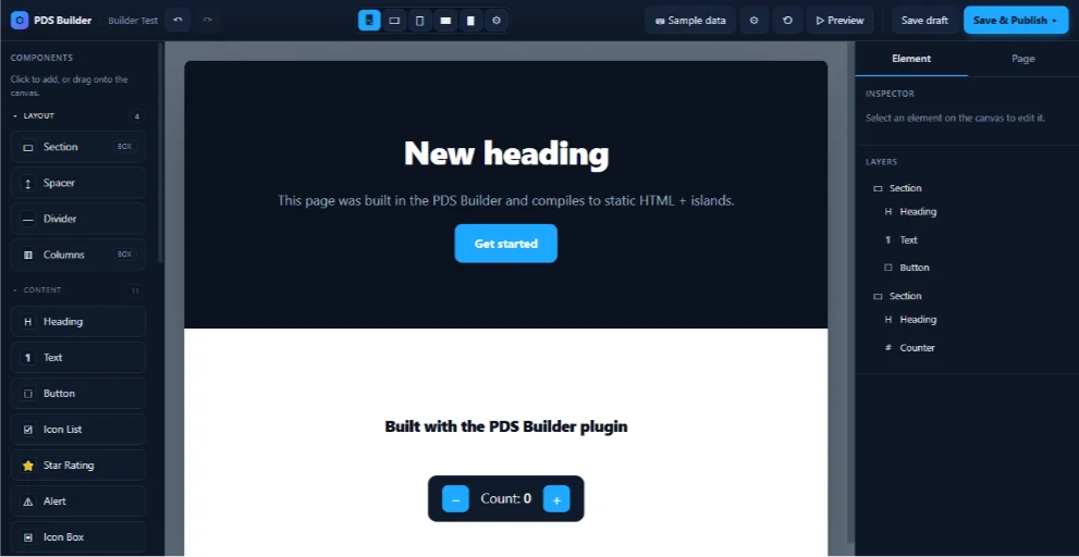 PDS Builder editor showing component sidebar, page canvas, layers panel, preview controls, and save and publish actions.
